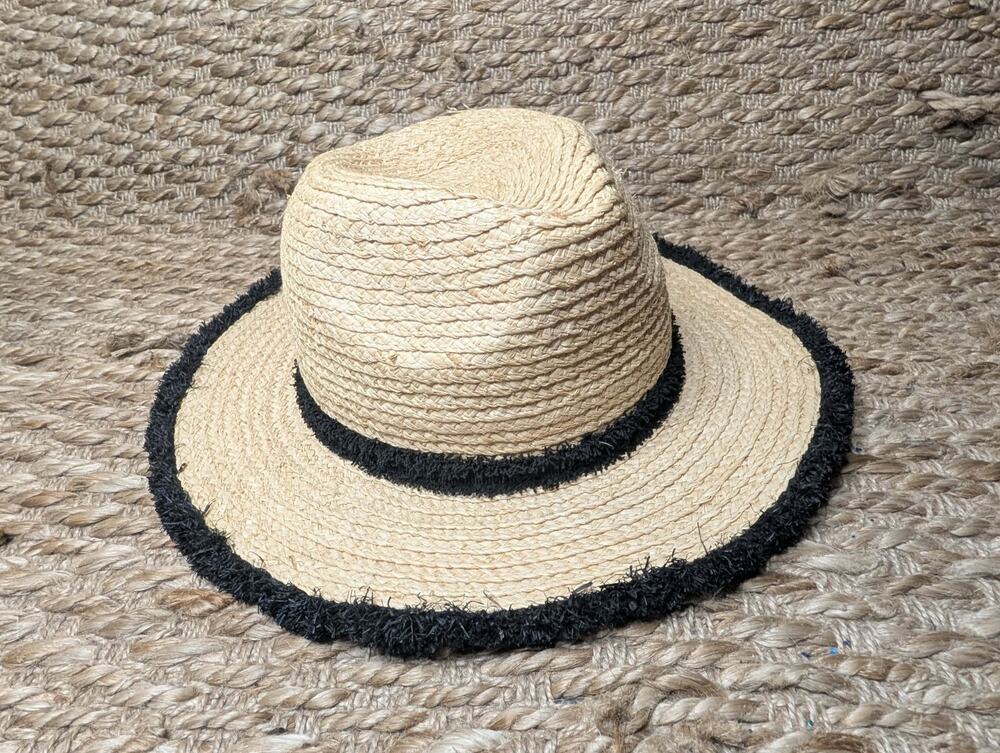 Summer & Rose Straw Sun Hat with Black Fringe Accents Adult Adjustable Vacation
